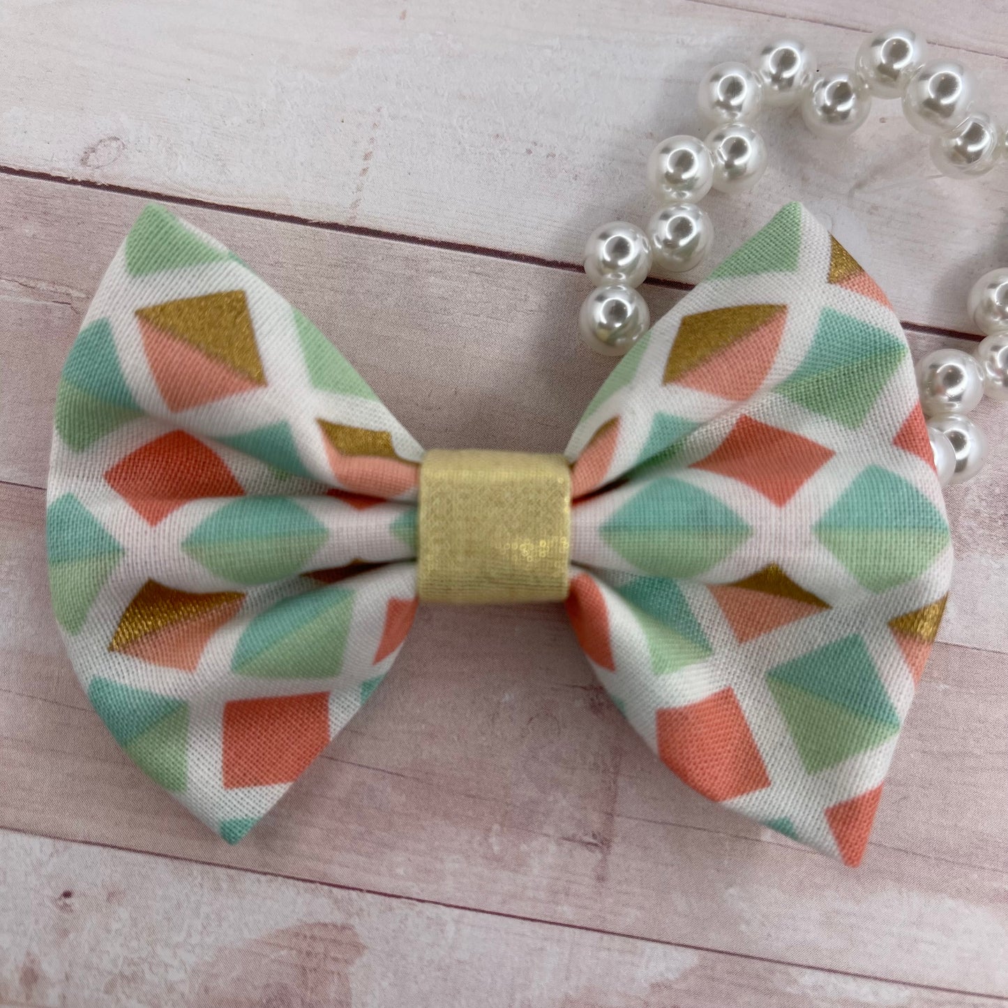 Peach, teal & gold  mini bow